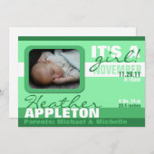 モダントレンディーシーグリーンストライプ誕生のお知らせ 案内状 (正面/裏面)