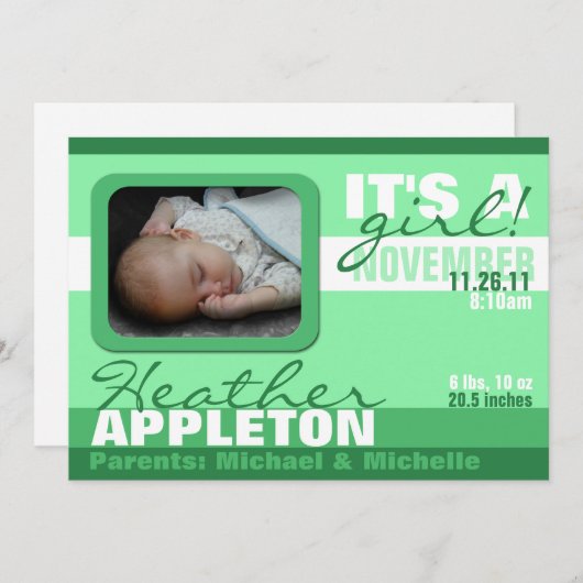 モダントレンディーシーグリーンストライプ誕生のお知らせ 案内状 (正面/裏面)