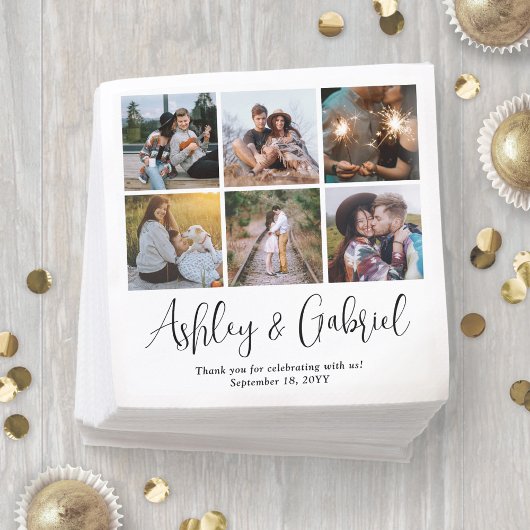 モダントレンディースクリプトと6フォトコラージュ結婚ズ スタンダードカクテルナプキン