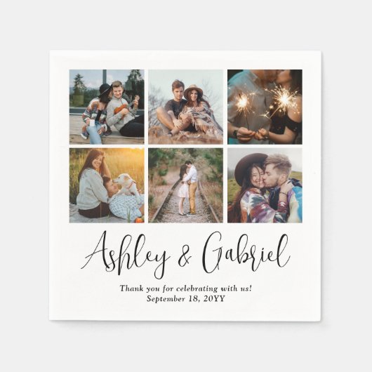 モダントレンディースクリプトと6フォトコラージュ結婚ズ スタンダードカクテルナプキン (正面)