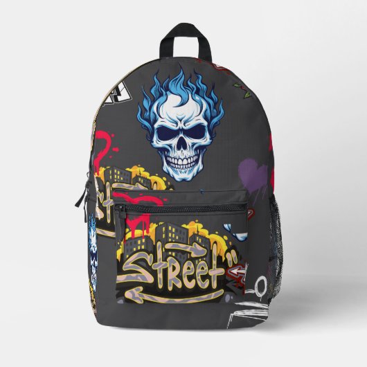 モダントレンディーストリートア不気味ゴシックダークグレー プリントバックパック (正面)