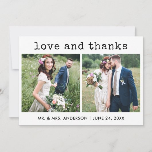 モダントレンディータイプライター文字結婚の2枚の写真 サンキューカード (正面)