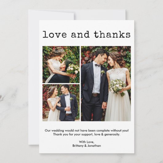 モダントレンディータイプライター文字結婚の3枚の写真 サンキューカード (正面)