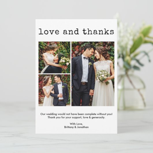 モダントレンディータイプライター文字結婚の3枚の写真 サンキューカード (スタンド正面)