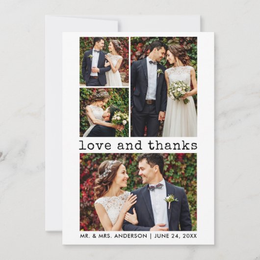 モダントレンディータイプライター文字結婚の4枚の写真 サンキューカード (正面)