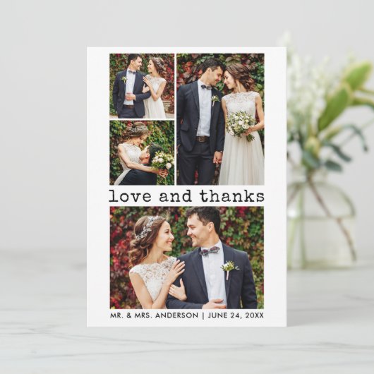 モダントレンディータイプライター文字結婚の4枚の写真 サンキューカード (スタンド正面)