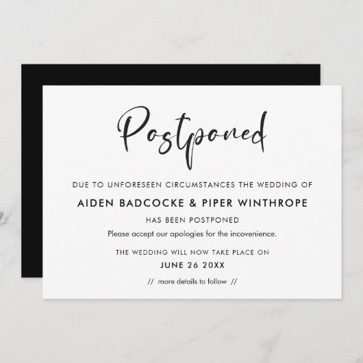 モダントレンディータイポグラフィ延期結婚日 招待状 (正面/裏面)