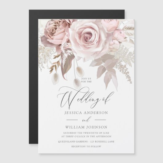 モダントレンディーデザイナーダスティバラ赤面結婚 マグネット招待状 (正面/裏面)