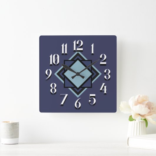 モダントレンディーネイビーライトブルーホワイトジオメトリック スクエア壁時計 (ホーム)