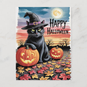 モダントレンディーハロウィンカボチャと黒猫 ポストカード
