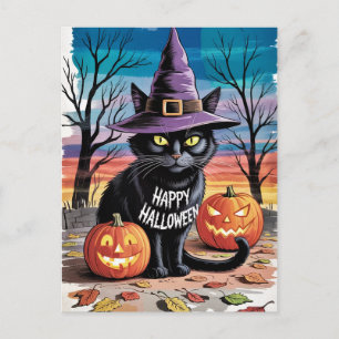 モダントレンディーハロウィンカボチャと黒猫 ポストカード