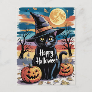 モダントレンディーハロウィンカボチャと黒猫 ポストカード
