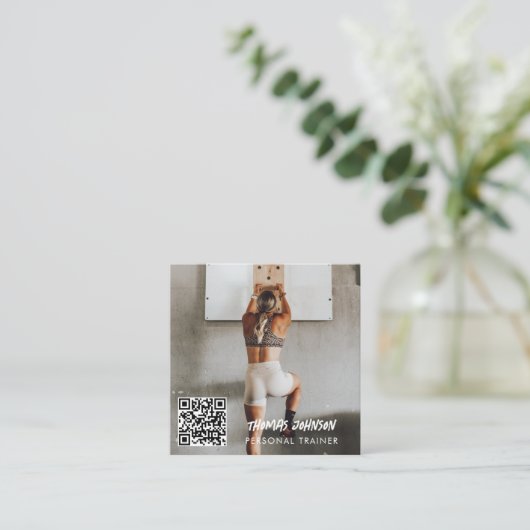モダントレンディーパーソナルトレーナーフィットネス写真 スクエア名刺 (スタンド正面)