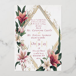 モダントレンディーピンクとアイボリーフローラ結婚ズ 箔招待状