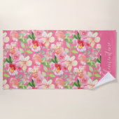 モダントレンディーピンクローズフローラ水彩色 ビーチタオル (正面)