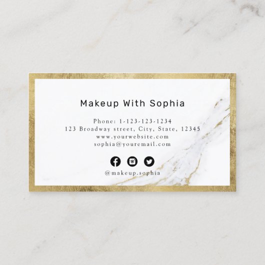 モダントレンディーフェイク金ゴールド大理石メイクアップアーティスト 名刺 (裏面)
