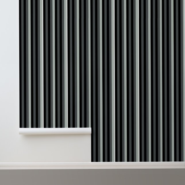 モダントレンディーブラックグレーストライプパターン 壁紙 (Stylish Modern Black and Gray Stripes Peel and Stick Wallpaper.)
