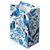 モダントレンディーブルーホワイト珍重の花の鳥 ミディアムペーパーバッグ (正面アングル)