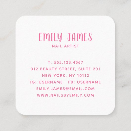 モダントレンディーユニークプロフェッショナル爪、 ネイルスパサロン スクエア名刺 (裏面)