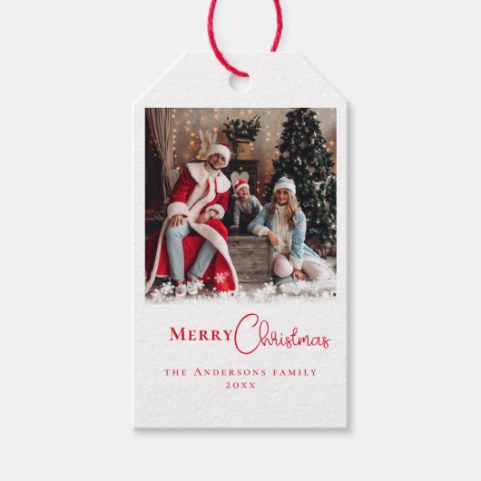 モダントレンディーレッドクリスマスフォトスノーフレーク ギフトタグ (正面)