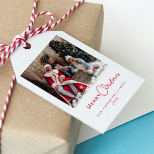 モダントレンディーレッドクリスマスフォトスノーフレーク ギフトタグ