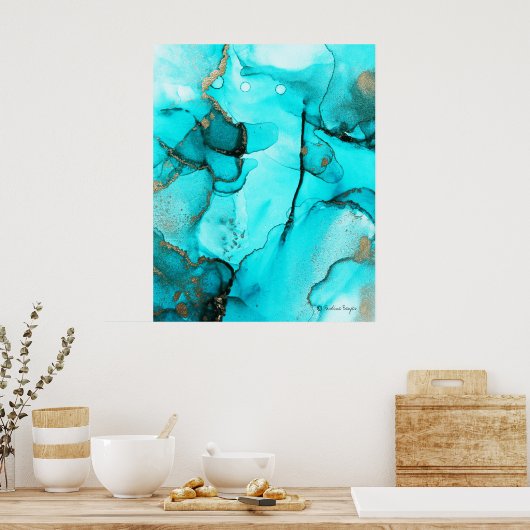 モダントレンディー抽象芸術オーガニックティール（緑がかった色）ターコイズ金ゴールド ポスター (キッチン)