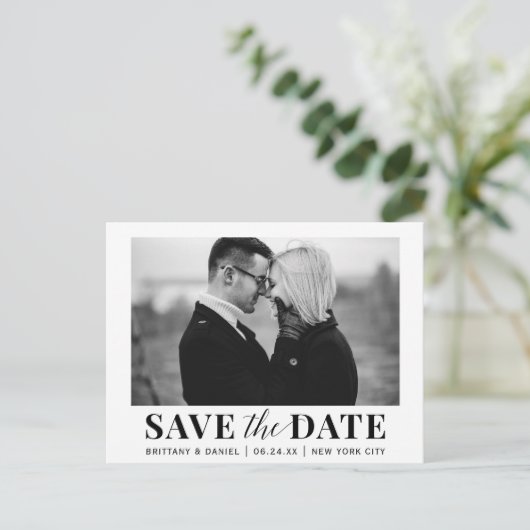 モダントレンディー白黒の写真の日付を保存 ポストカード (スタンド正面)