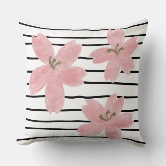 モダントレンディー白黒ストライプ日本語フローラ クッション (正面)