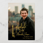 モダントレンディー縦型写真卒業パーティー金ゴールド 箔招待状 (正面)