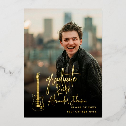 モダントレンディー縦型写真卒業パーティー金ゴールド 箔招待状 (正面)