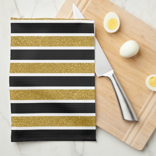 モダントレンディー金ゴールドグリッター白黒ストライプ キッチンタオル (四つ折り)