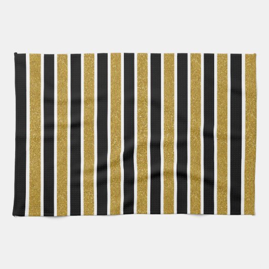 モダントレンディー金ゴールドグリッター白黒ストライプ キッチンタオル (横)