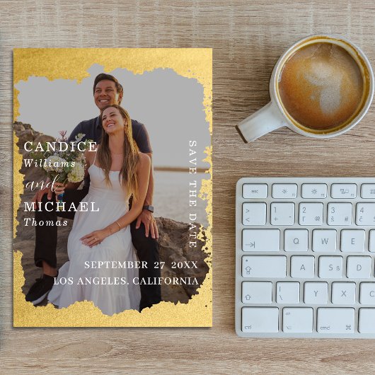 モダントレンディー金ゴールドフレーム結婚写真 セーブザデート