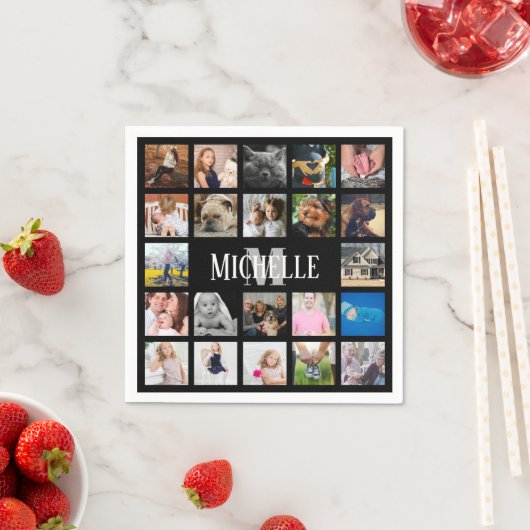 モダントレンディー22ファミリーフォトコラージュ&名前 スタンダードカクテルナプキン (インサイチュ)