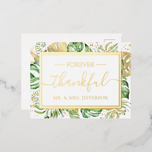 モダントロピカルウェディング Mr. & Mrs. サンクス 箔招待状ポストカード (正面/裏面)