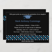 モダンドット卒業キャップ招待状(青) 招待状 (正面/裏面)