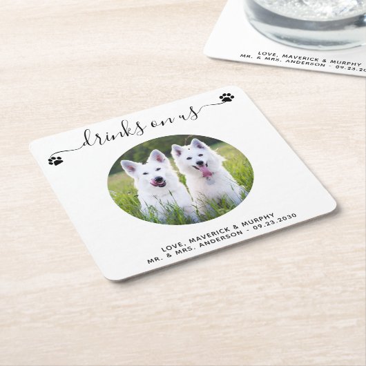 モダンドリンクパーソナライズされたPhoto結婚 Pet スクエアペーパーコースター (アングル)