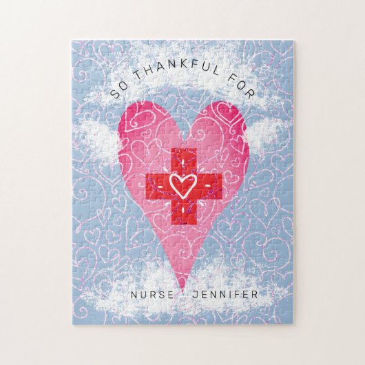 モダンナースピンクハートと雲感謝の名前 ジグソーパズル (縦)
