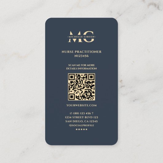 モダンナース修エレガント行者ダークブルー金ゴールド 名刺 (裏面)