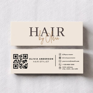 モダンニュートラルベージュQRコードヘアスタイリスト スキニー名刺