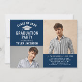 モダンネイビーとシルバーの卒業パーティー写真 招待状 (正面)