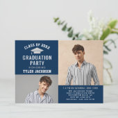モダンネイビーとシルバーの卒業パーティー写真 招待状 (スタンド正面)