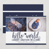 モダンネイビーのHello World 写真付き出生統計 案内状 (正面/裏面)