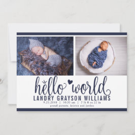 モダンネイビーのHello World 写真付き出生統計 案内状