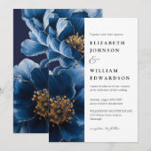 モダンネイビーブルーとゴールドの花柄結婚式 招待状 (正面/裏面)