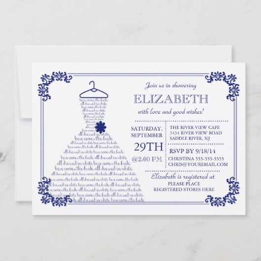 モダンネイビーブルーのウェディングドレス ブライダルシャワー 招待状 (正面)