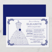 モダンネイビーブルーのウェディングドレス ブライダルシャワー 招待状 (正面/裏面)