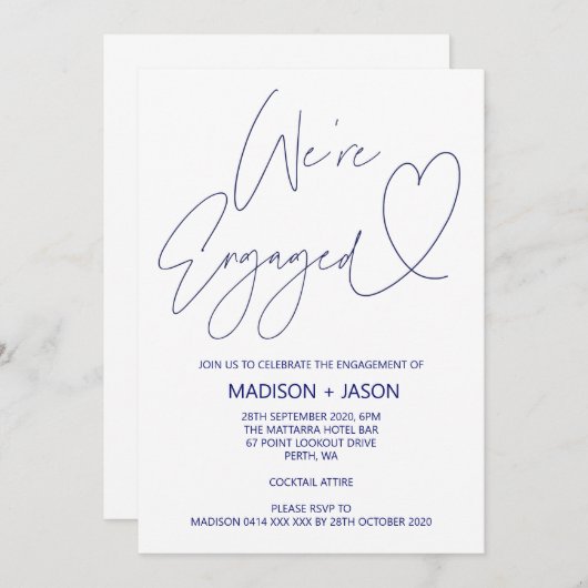 モダンネイビーブルーのハートエンゲージメントパーティー招待状 招待状 (正面/裏面)