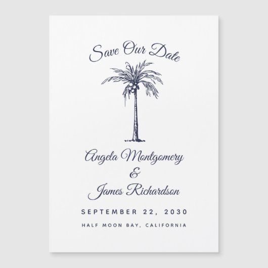 モダンネイビーブルーのパームビーチウェディング・セーブ・ザ・デート マグネット招待状 (正面)