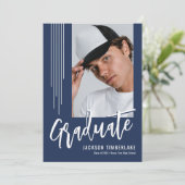 モダンネイビーブルーの写真 卒業パーティー 招待状 (スタンド正面)